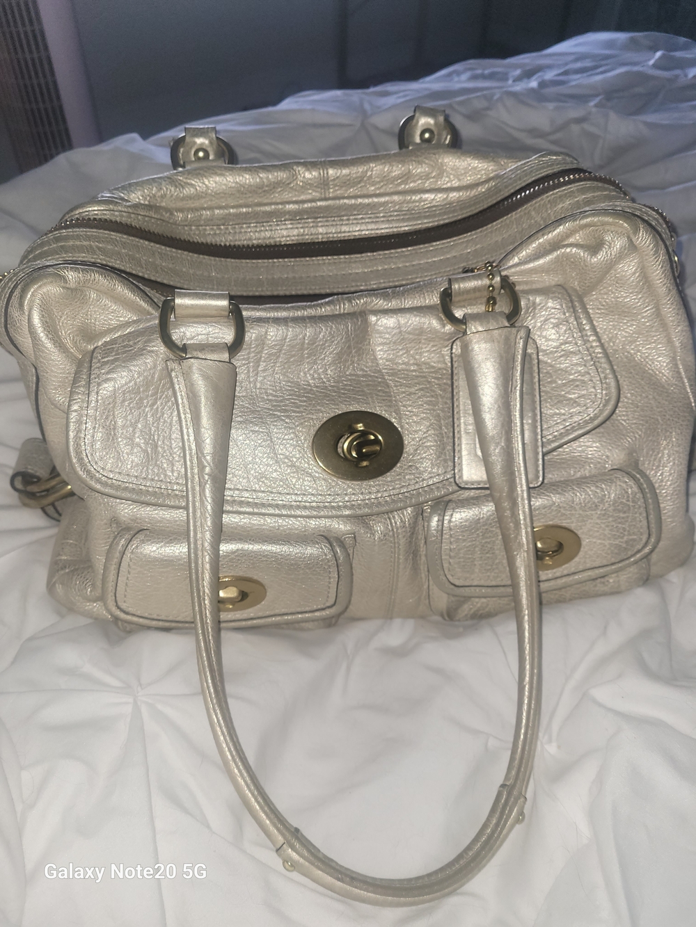 Coach Silver Metallic Leather Satchel with Turn-Lock Details